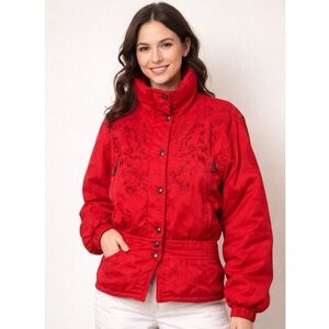 Vintage 1980s Kaelin Ski Jacket Red Floral Embroidered Apres Ski Coat Small